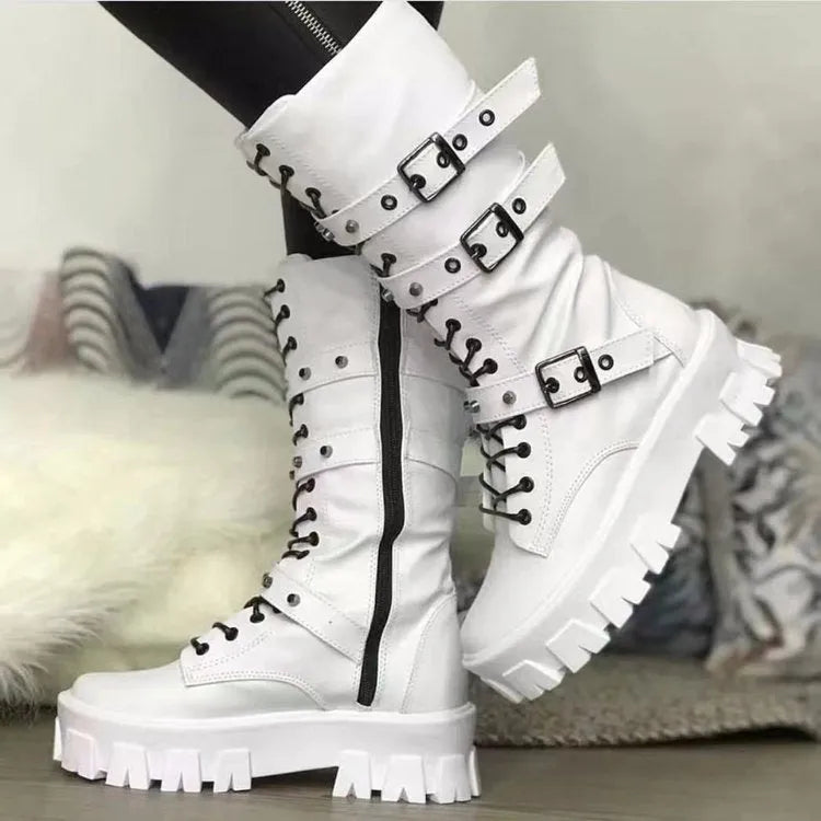 Buckle lace-up side zip punk women's mid boots in black and white, round toe, artificial PU upper and sole