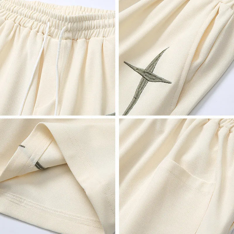 Men's cotton embroidered track shorts in grey, black or beige, mid waist, sizes M-XXL, casual leisure shorts