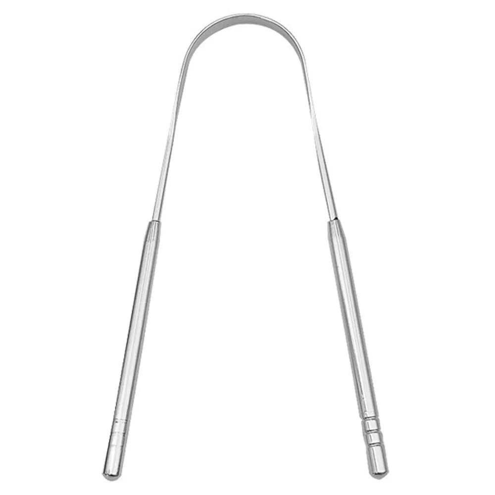 Stainless steel tongue scraper set with large opening U-shaped, small opening U-shaped, and spoon type scrapers in pearlescent bag packaging