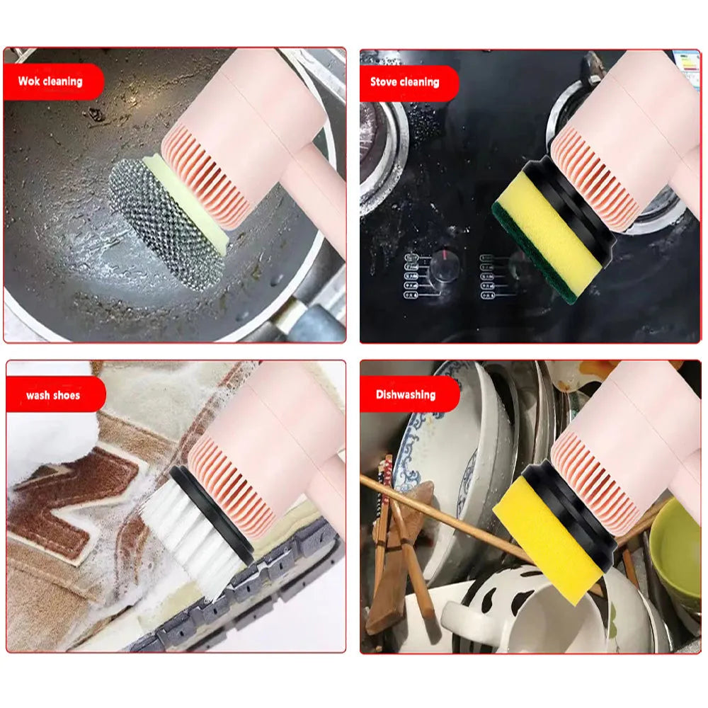 Electric cleaning brush with three brush heads in white, green, and pink colour options on a light background