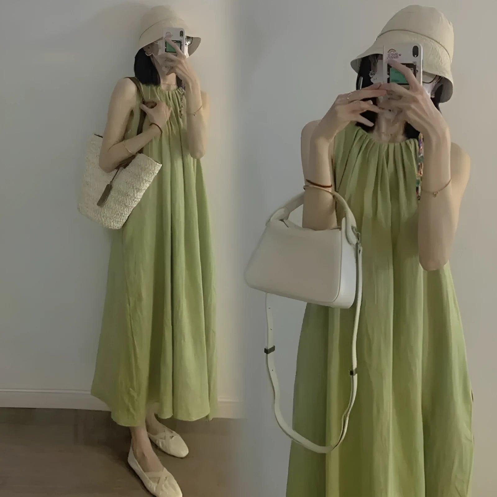 Plus size women's sleeveless asymmetric cotton vest skirt in green with black pants option on model