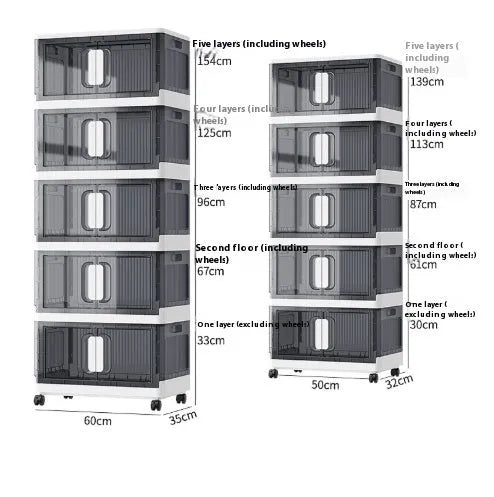 Foldable PP plastic clothes storage locker with wheels in white or grey colour options