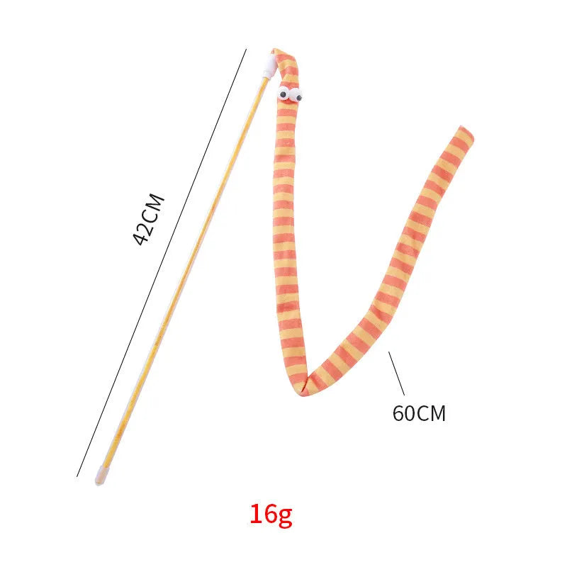 Cat wand teaser toy with a polycarbonate handle and a long green plush strip with a bell.