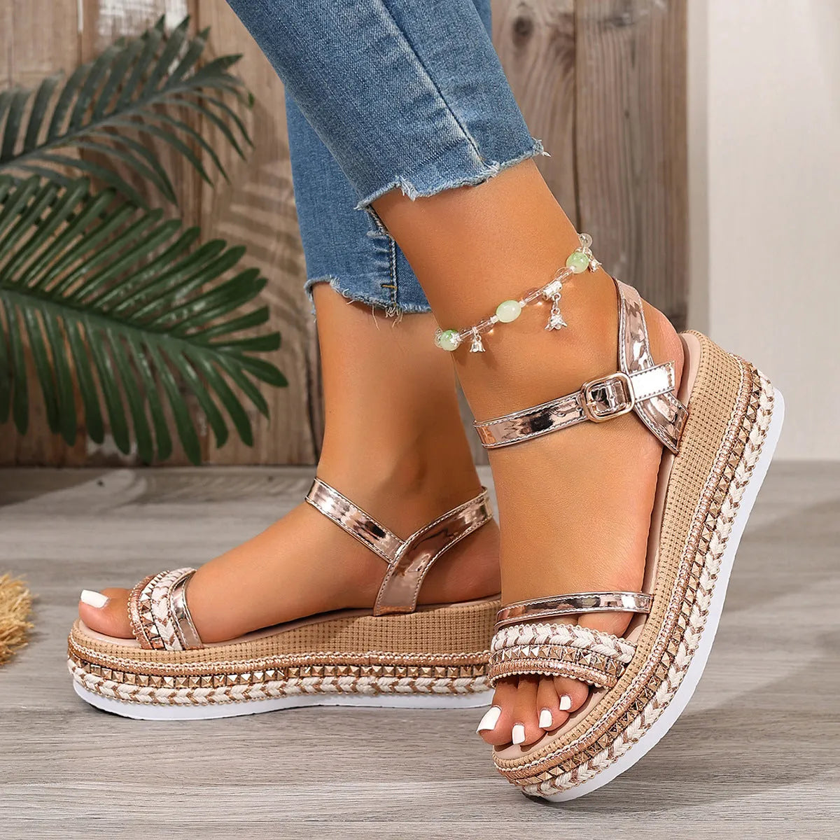 Gold woven women's wedge sandals with round toe on size chart showing 36-42