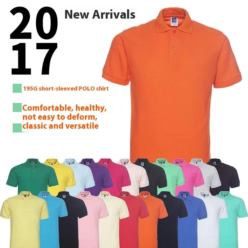 Men's solid colour short sleeve polo shirt with lapel collar on a hanger, loose fit.