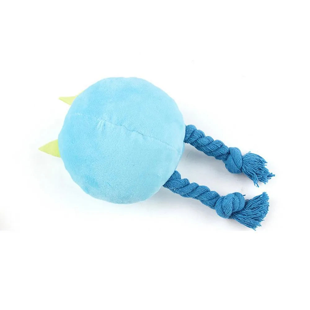 Blue and yellow dog squeaky toy with strong knot design cotton rope construction