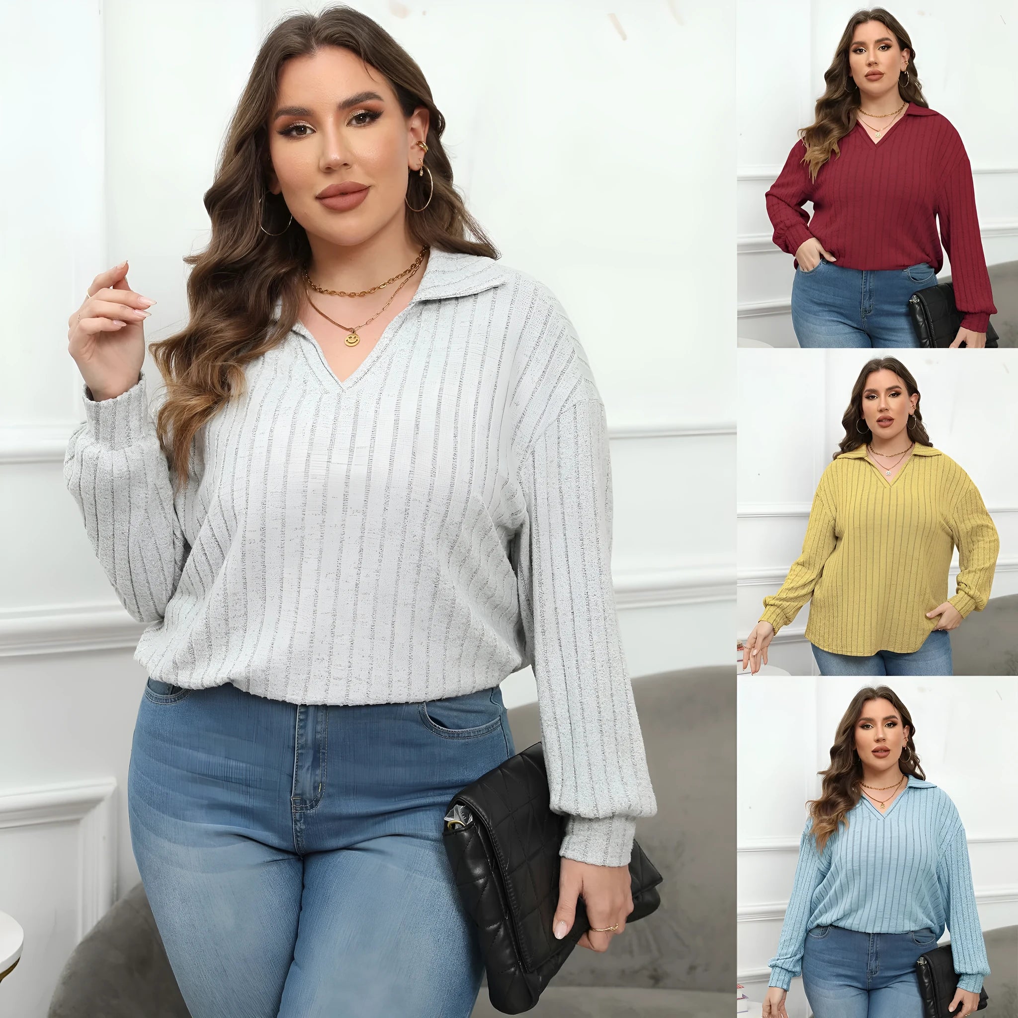 Women's plus size grey polo collar pullover with lantern sleeves in velvet fleece fabric