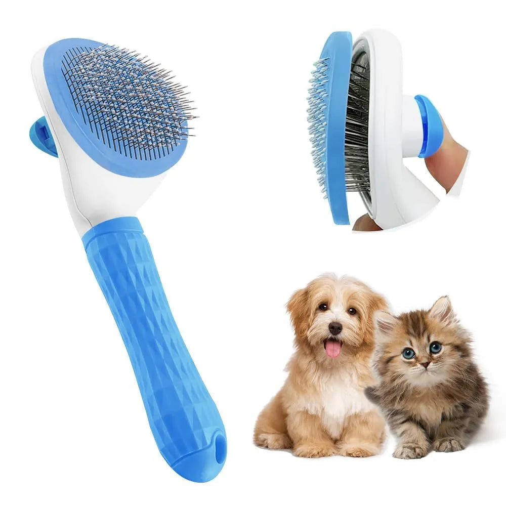 Blue cat grooming brush with a release button and fine wire bristles for removing loose fur.