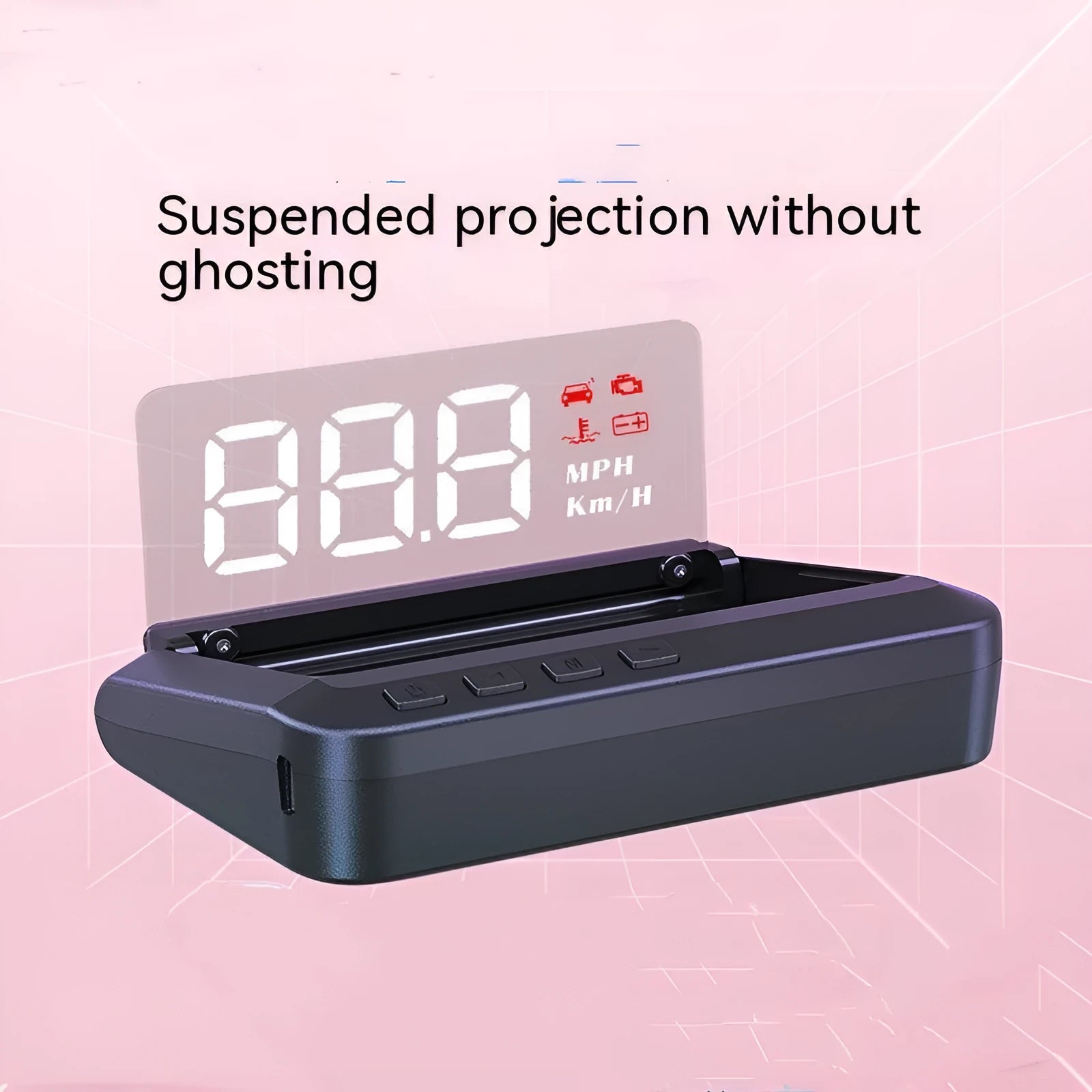 Black car head up display unit with OBD connector and 2.0 inch screen.