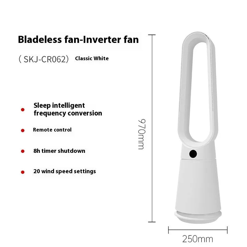 White bladeless tower fan with touch screen controls and remote for home or office use