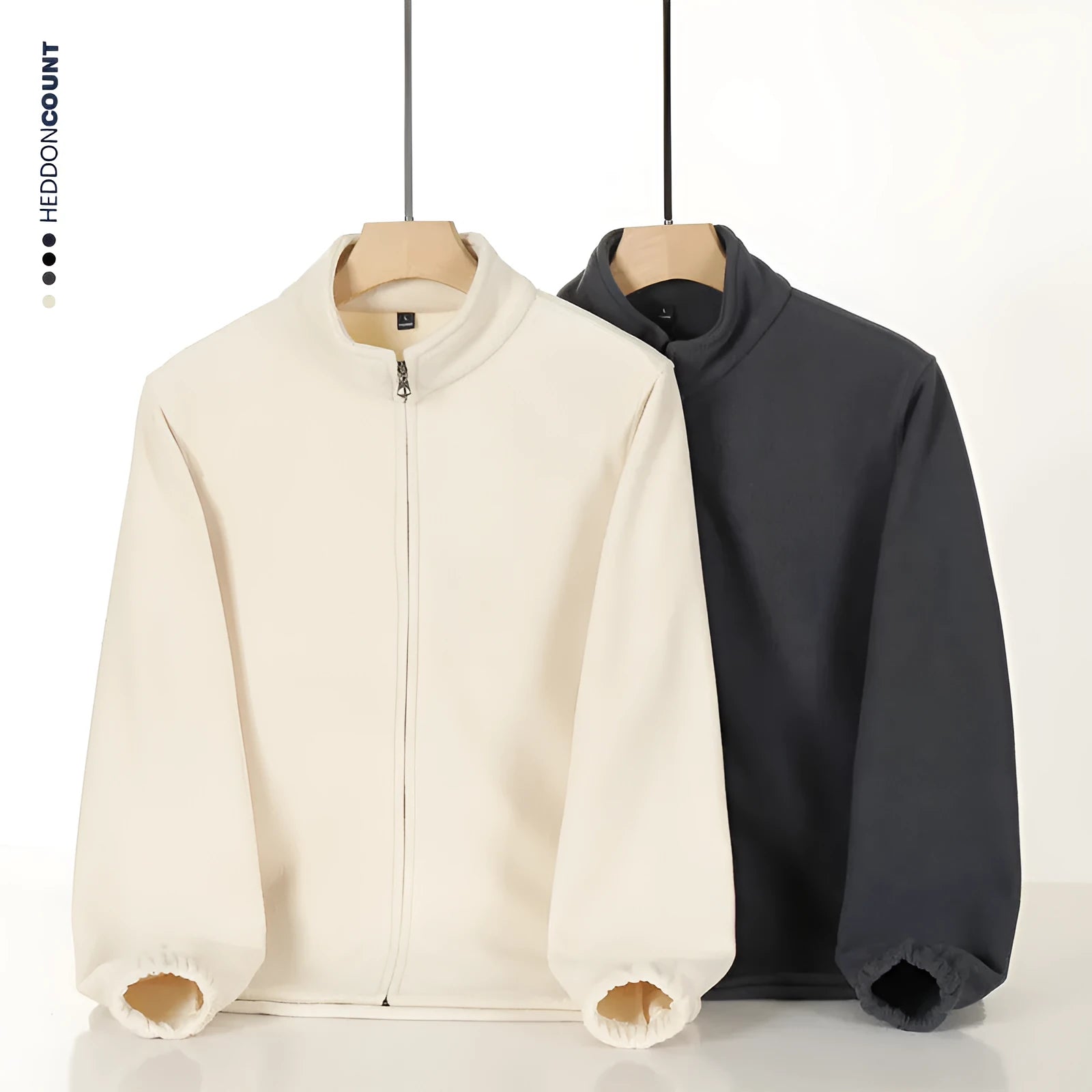 Men's double-sided polar fleece stand-up collar zipper sweatshirt in beige, loose cardigan style with patch pocket