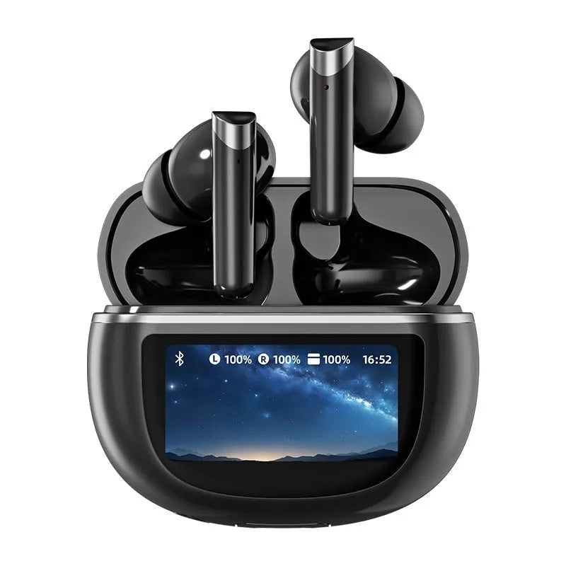 Wireless Bluetooth noise reduction headset in black with digital display and breathing light