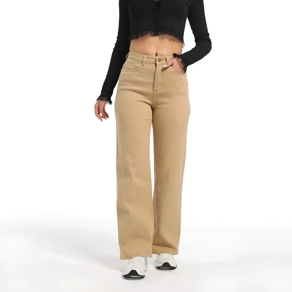 Women's high-waist straight wide-leg jeans in apricot colour on a hanger.
