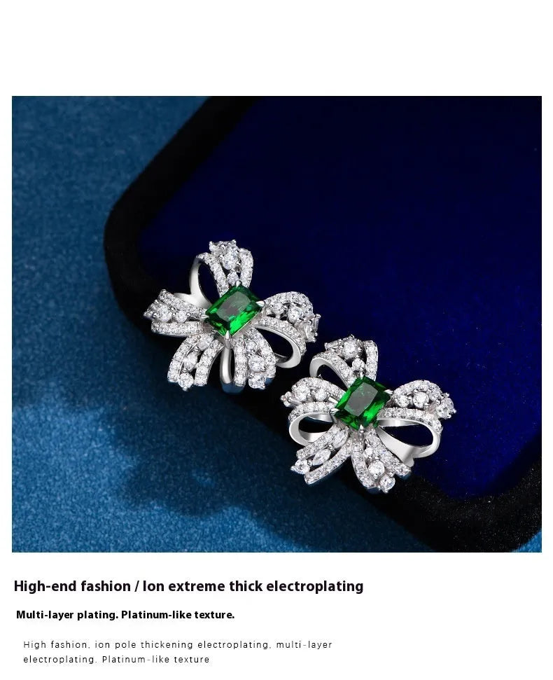 Sterling silver bow stud earrings with emerald-coloured high-carbon diamond mosaic for women, 925 silver