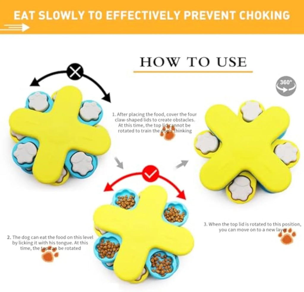 Yellow three-layer rotating dog puzzle feeder toy with anti-slip rubber pads on base