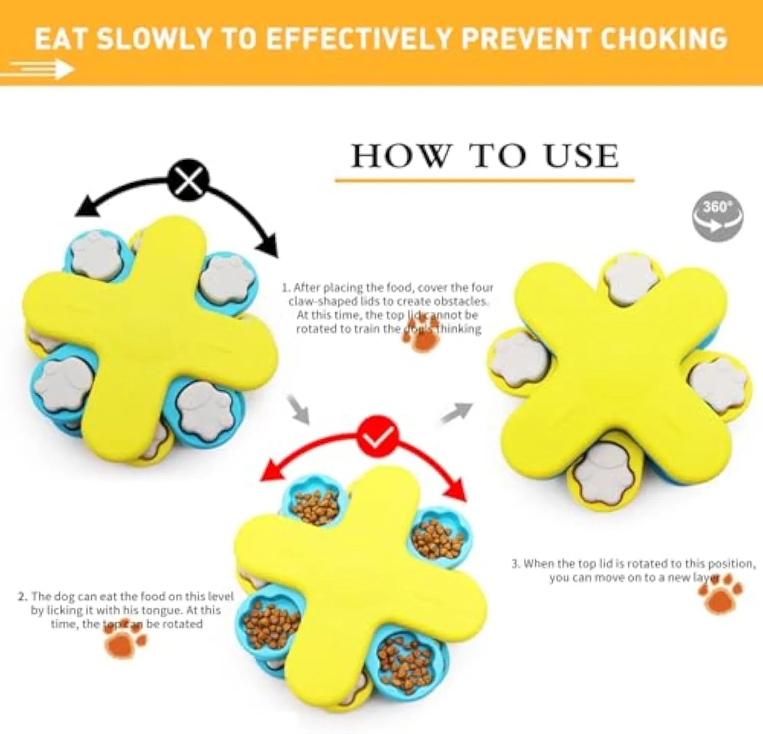 Yellow three-layer rotating dog puzzle feeder toy with anti-slip rubber pads on base