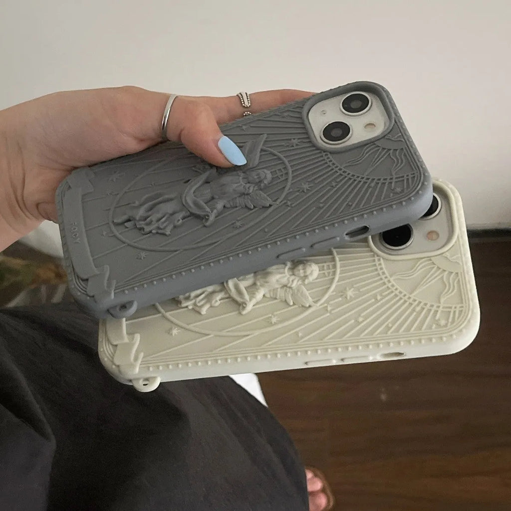 Silicone phone case with embossed Statue of Liberty design, available in beige or gray, for iPhone 11 to 16