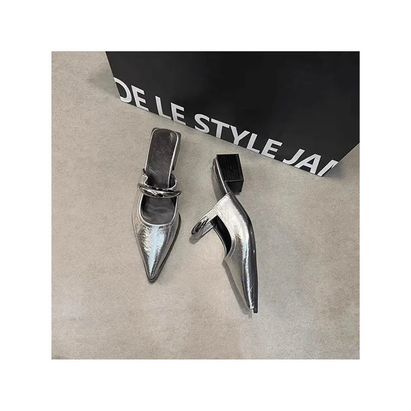 Women's closed toe half slippers with metal buckle, French style, silver colour, PU upper, rubber sole