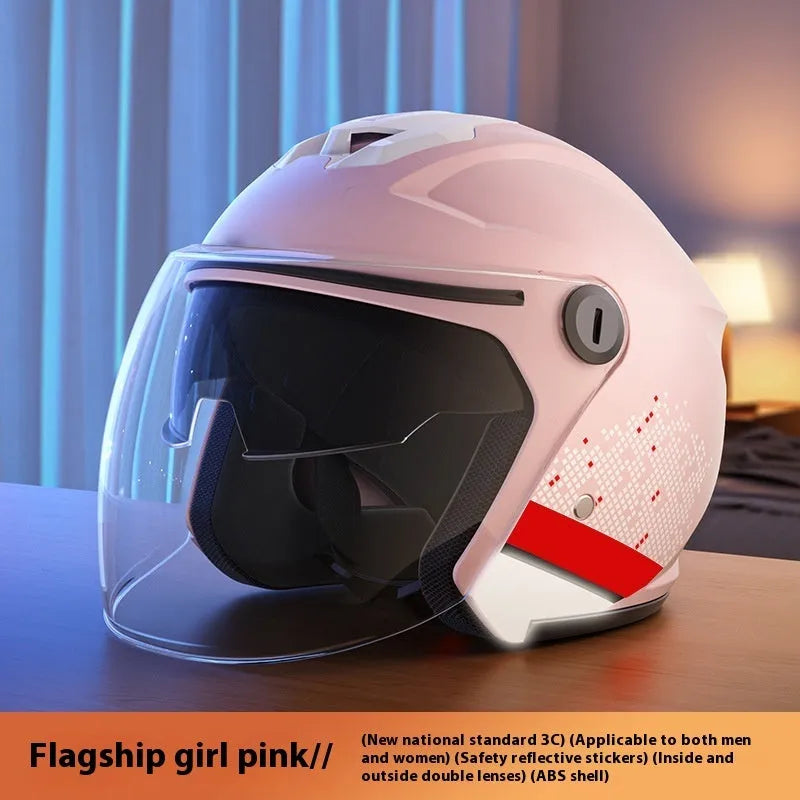 Full-face electric motorcycle helmet with double-mirror visor, ABS shell, and printed finish in khaki colour