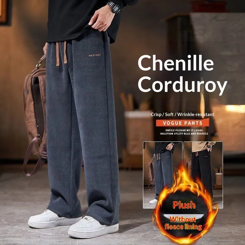 Men's loose straight-leg fleece-lined trousers in dark gray, polyester fabric, mid-rise waist, side view
