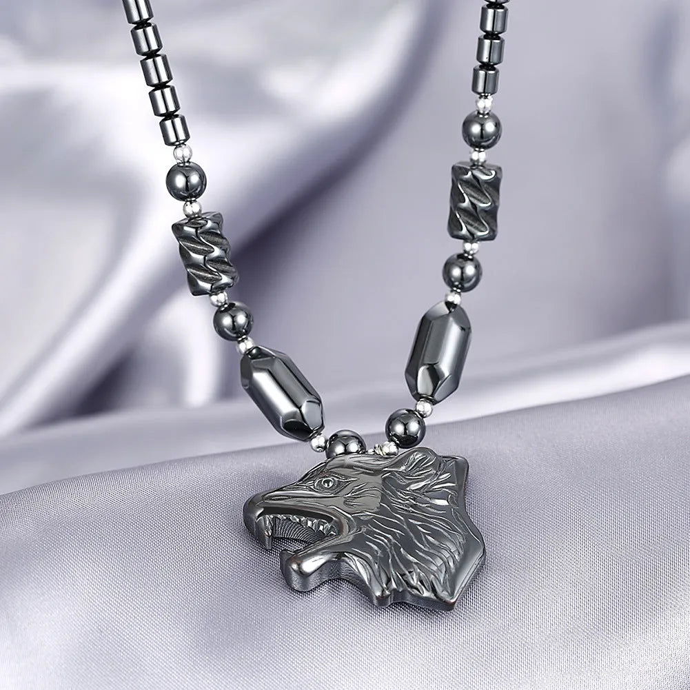 Copper wolf head pendant necklace with electroplated finish on adjustable water wave chain, colour LKNTRSN048