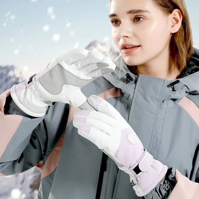 Snowflake cartoon print winter gloves with touchscreen fingertips in purple and grey colour options