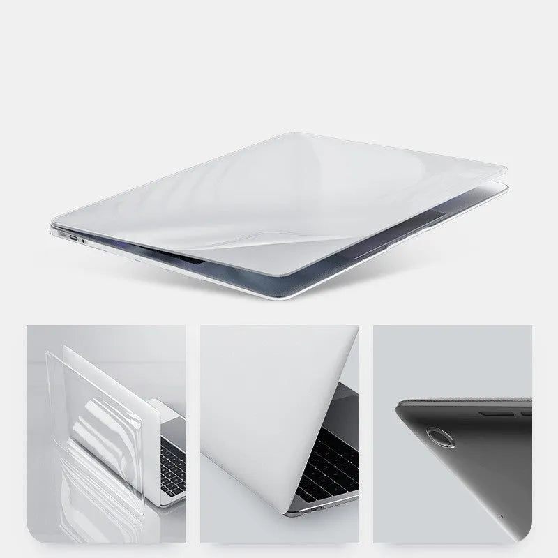 Transparent and black PC hard shell protective cases for Apple MacBook Pro 14-inch and 16-inch laptops.