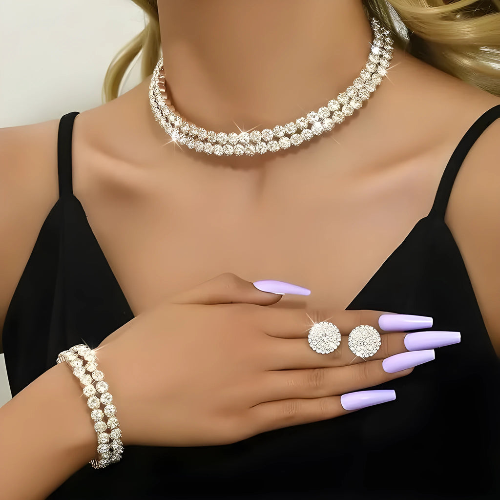 Women's rhinestone three-piece jewellery set with double-layer necklace, bracelet and ear studs in gold or silver