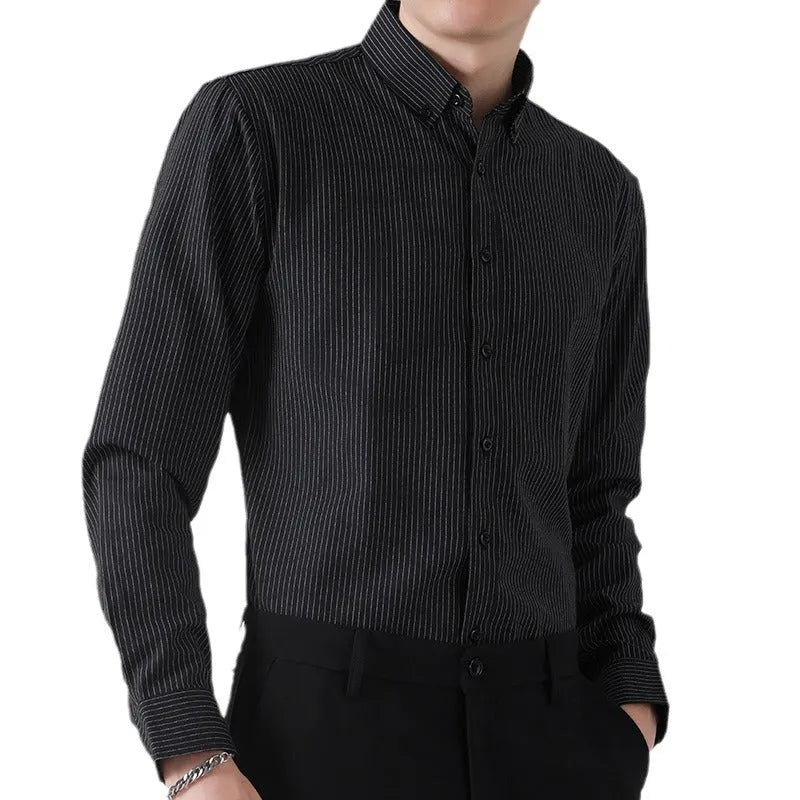Casual men's long-sleeved striped Oxford cloth slim-fit cardigan shirt in blue