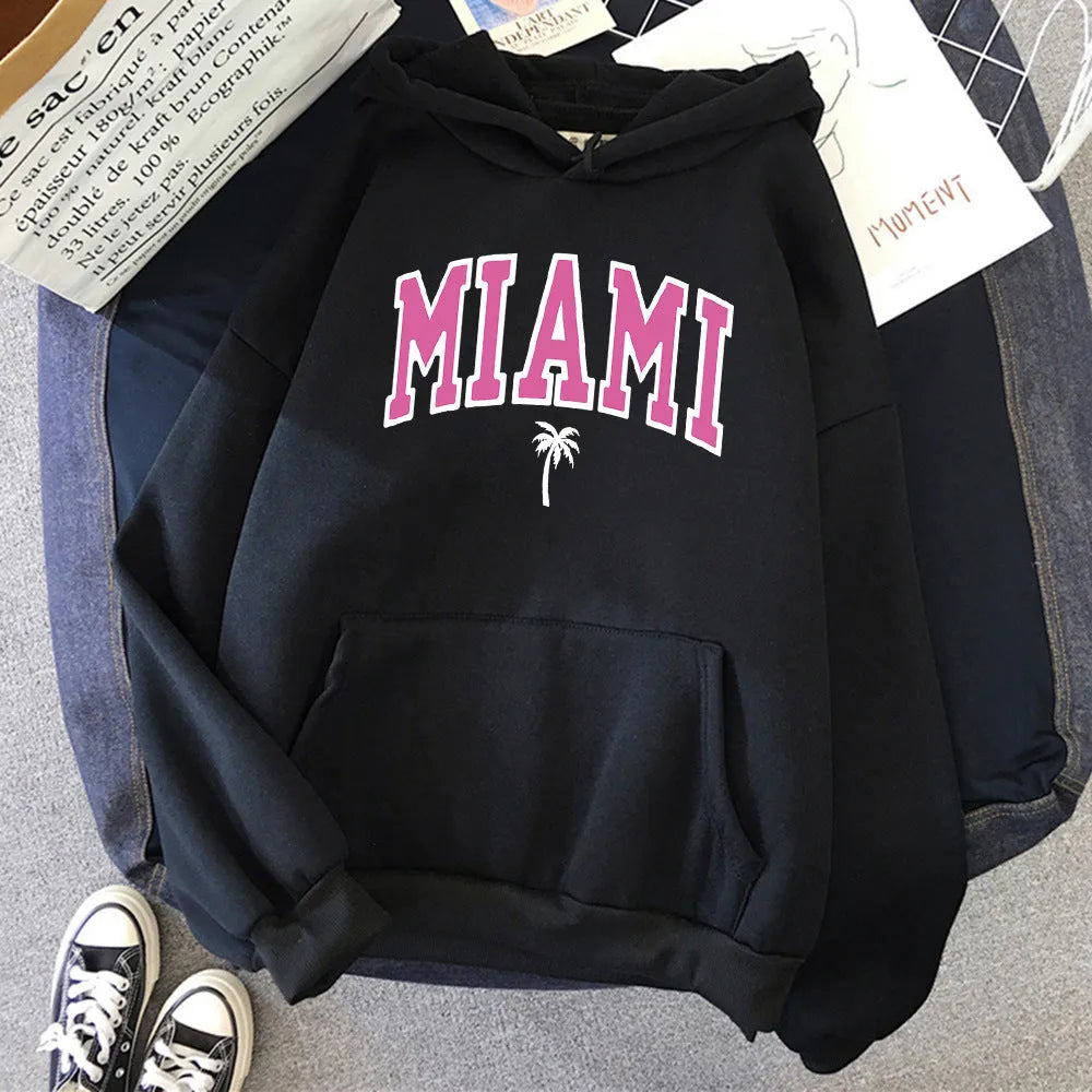 Women's loose pullover hoodie in polyester, shown in multiple colours including white, black, red and blue, sizes XS to XXXL