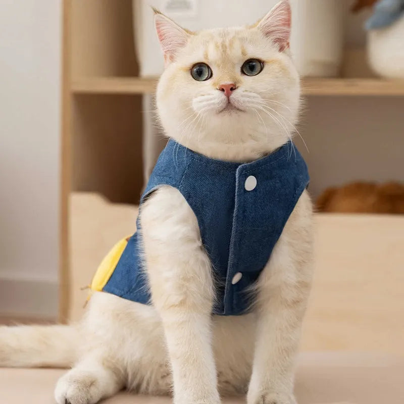 Blue 3D deer denim pet vest with polar fleece lining and leash hook for small dogs and cats