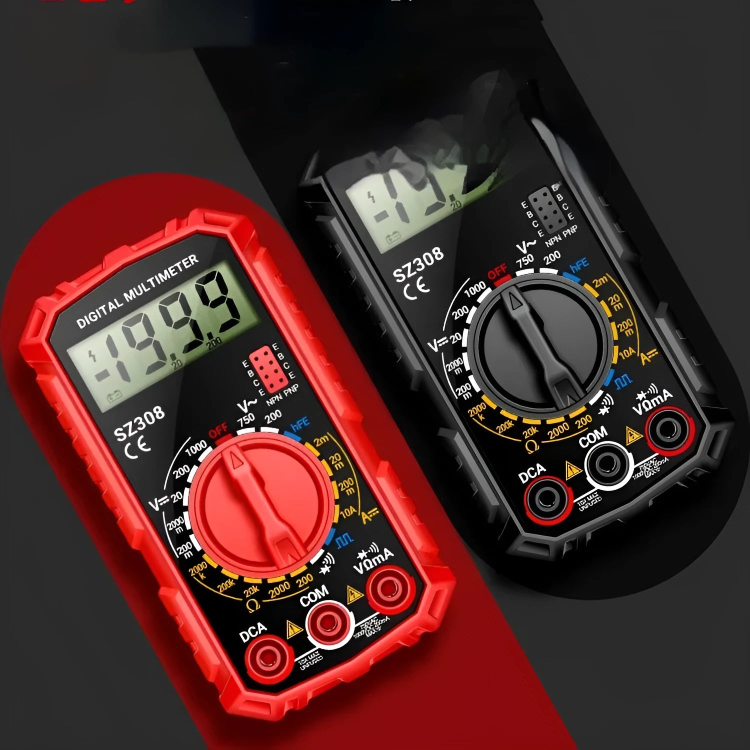 Mini digital multimeter with black casing and test leads on white background