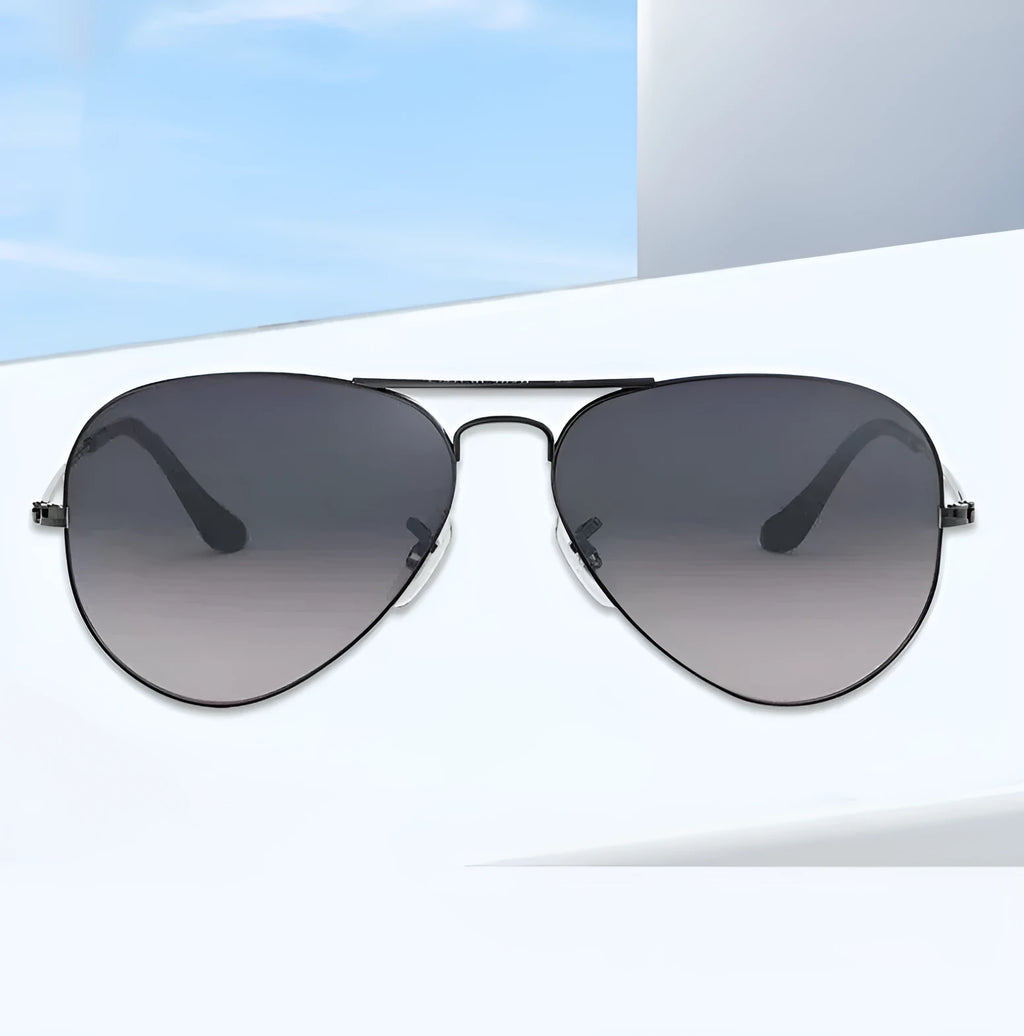 Tempered glass sunglasses with UV protection in gold, silver, and black frame options with dark green and blue lenses.