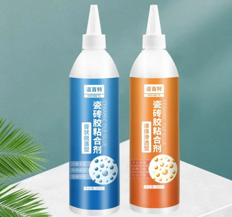 Tile shedding repair injection adhesive in a squeeze tube, cold setting emulsion body, for loose tile bonding