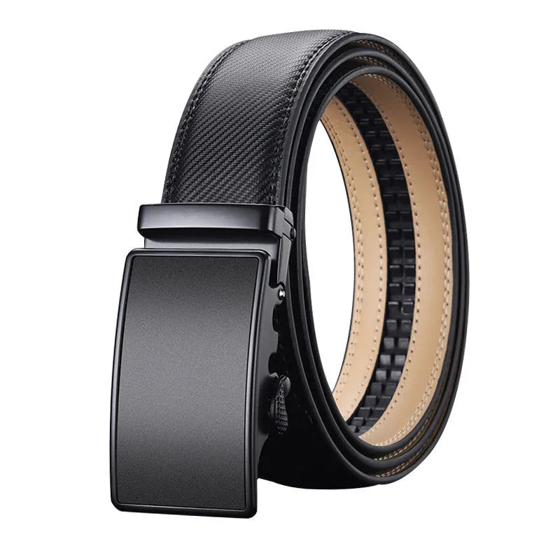 Men's black two-layer cowhide click belt with embossed striped pattern and rectangular glossy alloy buckle