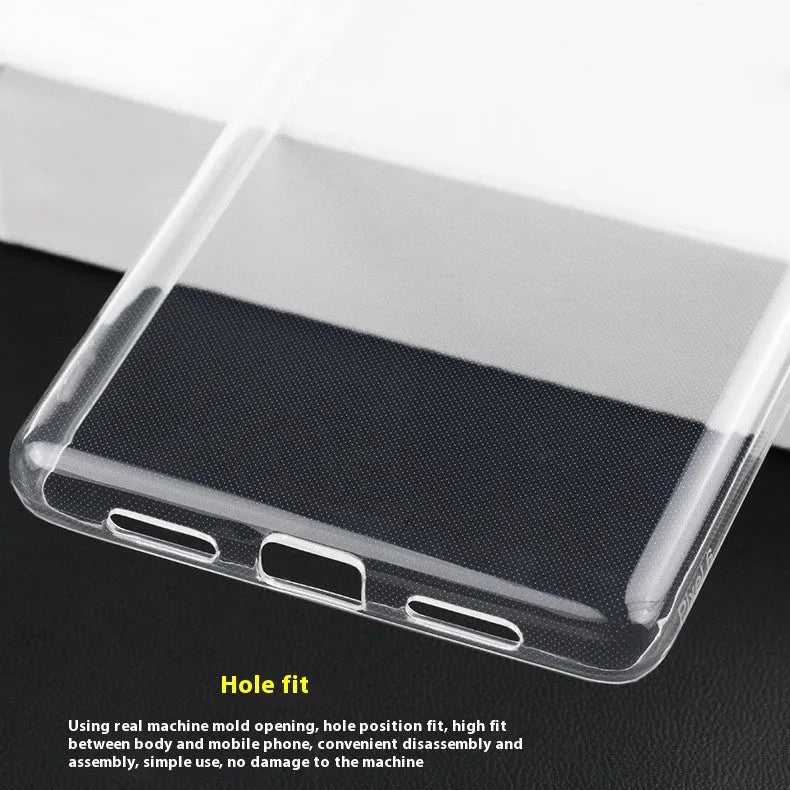 Transparent TPU phone case for Google Pixel 6 with anti-fingerprint coating, laid flat showing cutouts