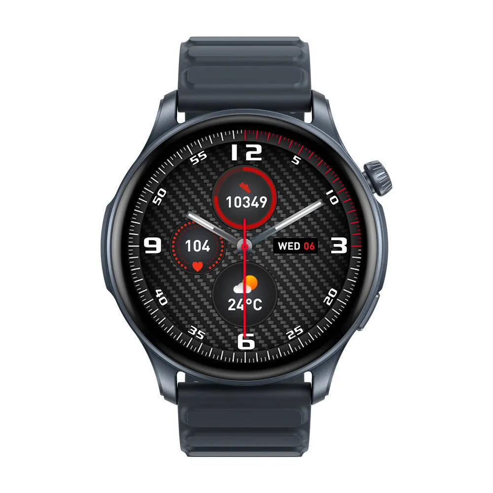 Btalk 3 Pro smart watch in blue on a wrist, showing its AMOLED display and health tracking features.
