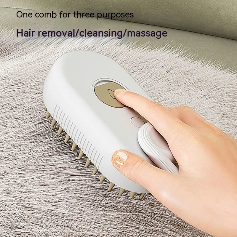 Porcelain White 3-in-1 Electric Steam Pet Brush with silicone bristles and USB charging port