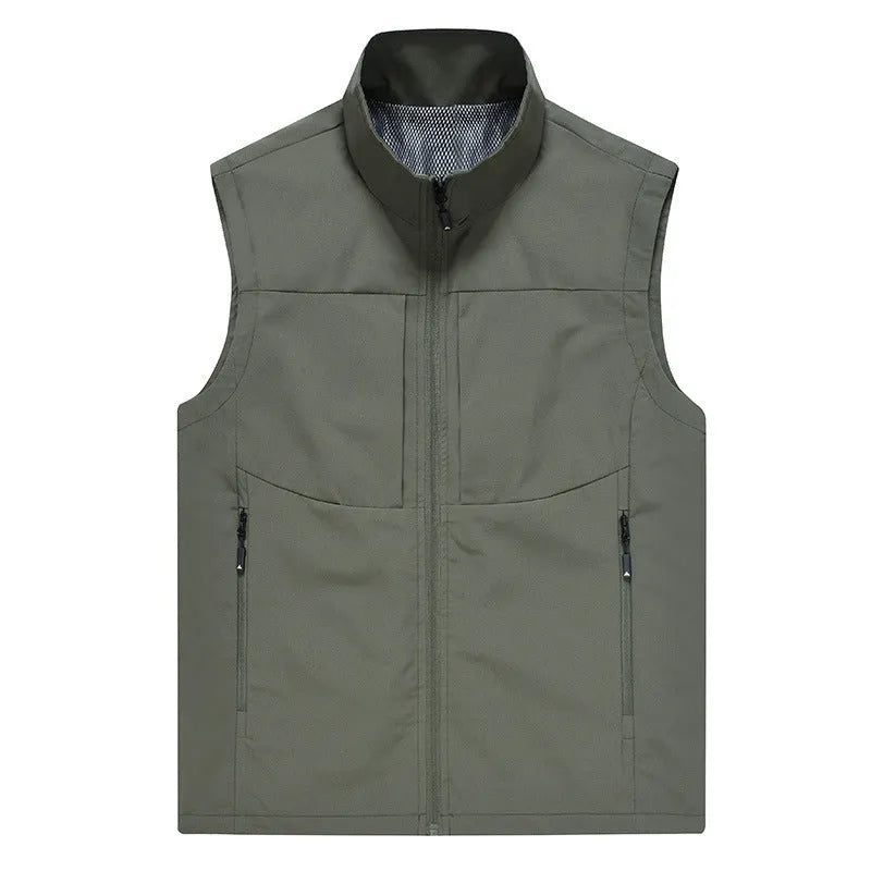 Men's loose-fit stand collar cardigan vest in polyester for outdoor leisure.