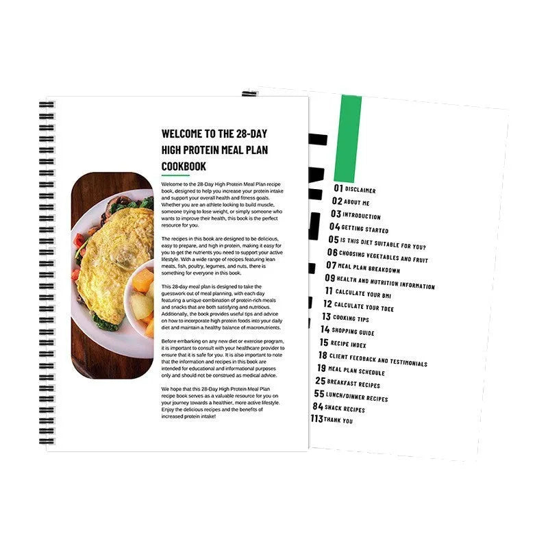 28-day high-protein diet plan book on paper, A4 size 21cm by 28.5cm, with cover titled 28Day Dietary Plan
