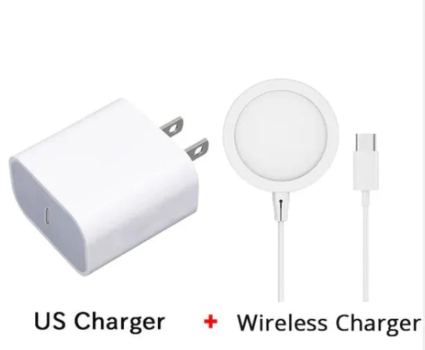 Silver metal MagSafe wireless charger with strong magnets for iPhone 12 and 13 models.
