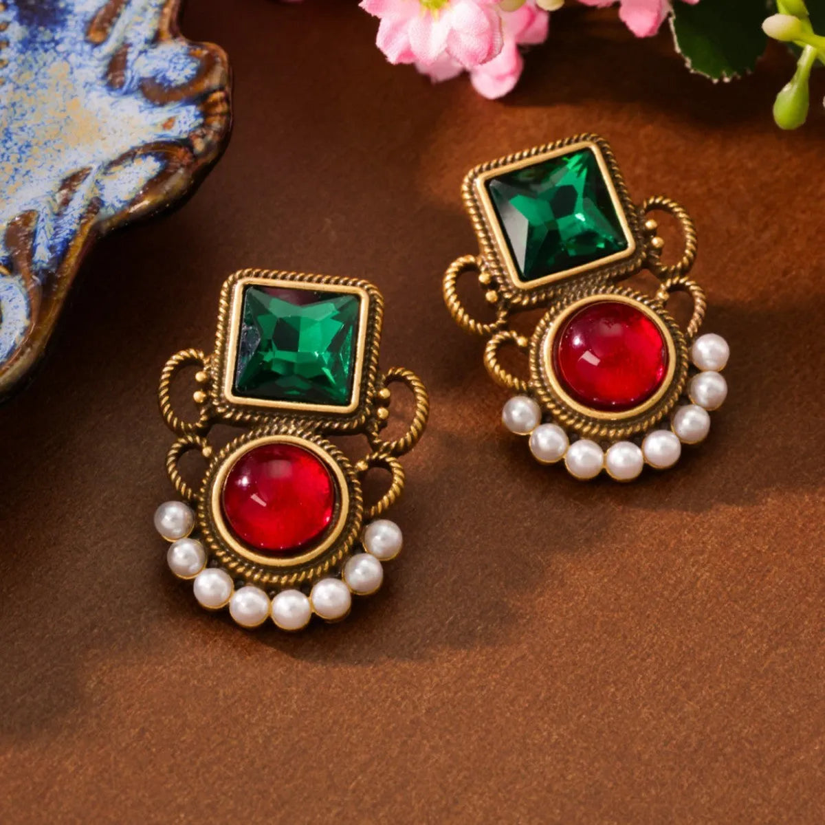 Colourful jelly glaze flower ear studs in alloy with electroplated finish, Chinese style, 3.8 x 2.9 cm