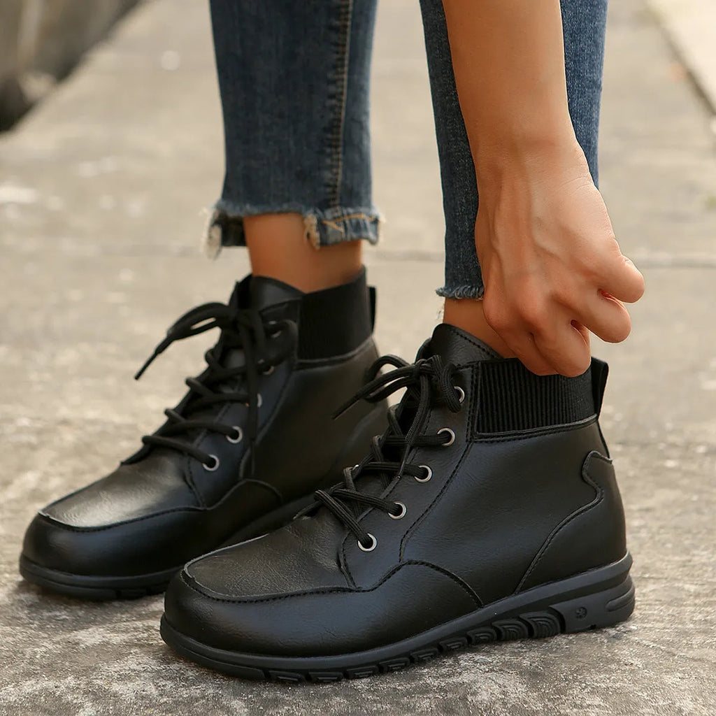 Women's round toe lace-up ankle boots with front strap, flat non-slip sole, retro Western style, brown yellow black, sizes 36-43