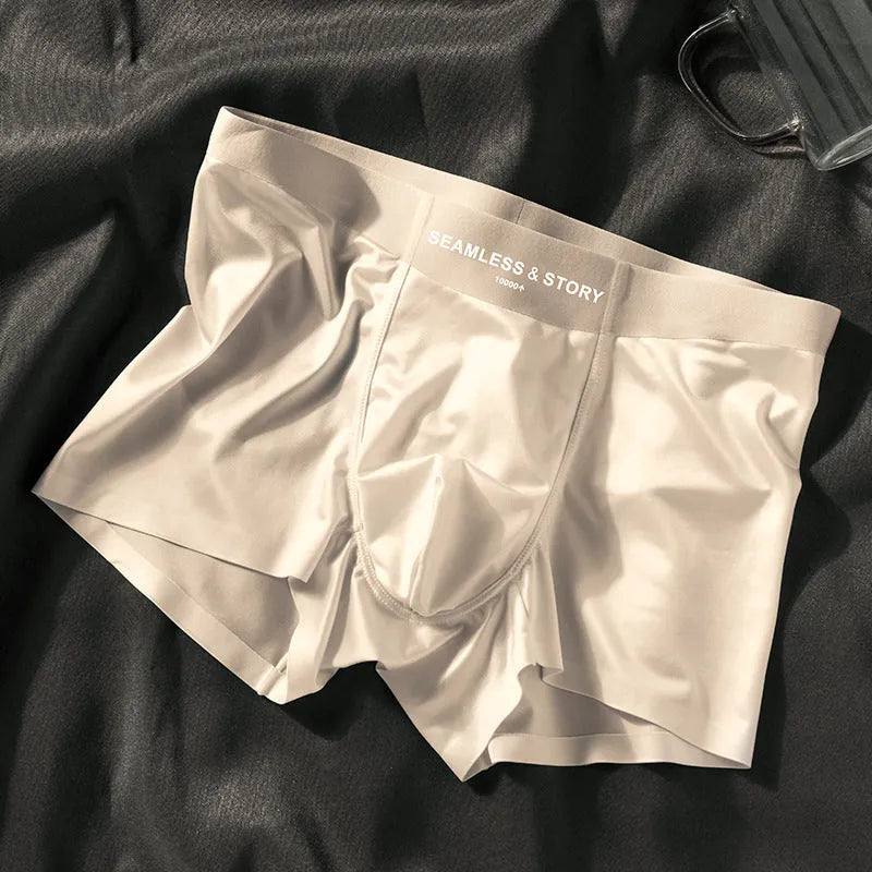 Men's ice silk satin traceless underwear in mid-waist brief style showing solid colour options