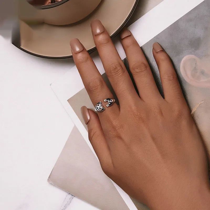Sterling silver adjustable open ring with cute panda design and white gold plating