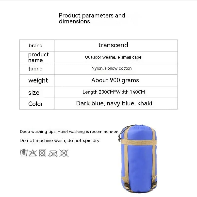 Outdoor cloak sleeping bag in Army Green or Grey, 200cm by 140cm nylon construction with hollow cotton filling