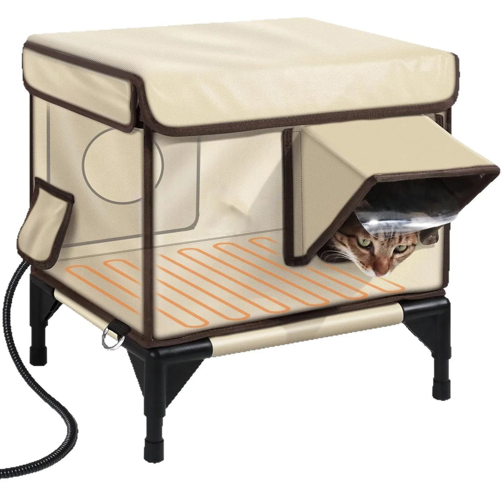 Beige outdoor waterproof Oxford cloth pet house with PVC pipe frame in folded set-up, suitable for cats and small dogs