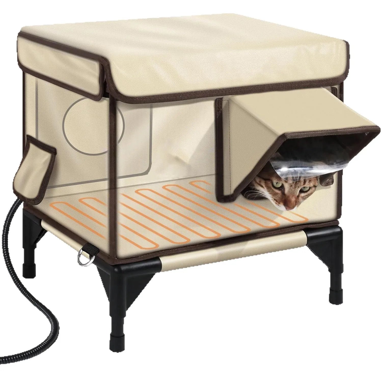 Beige outdoor waterproof Oxford cloth pet house with PVC pipe frame in folded set-up, suitable for cats and small dogs