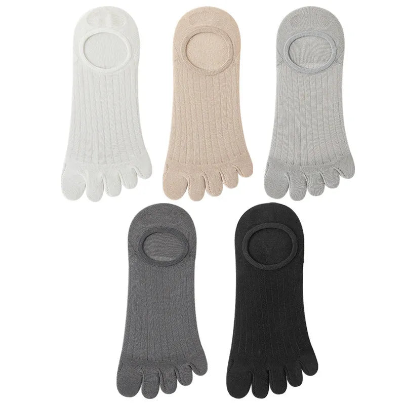 Modal cotton five-finger ultra-thin breathable boat socks in black, shown laid flat.