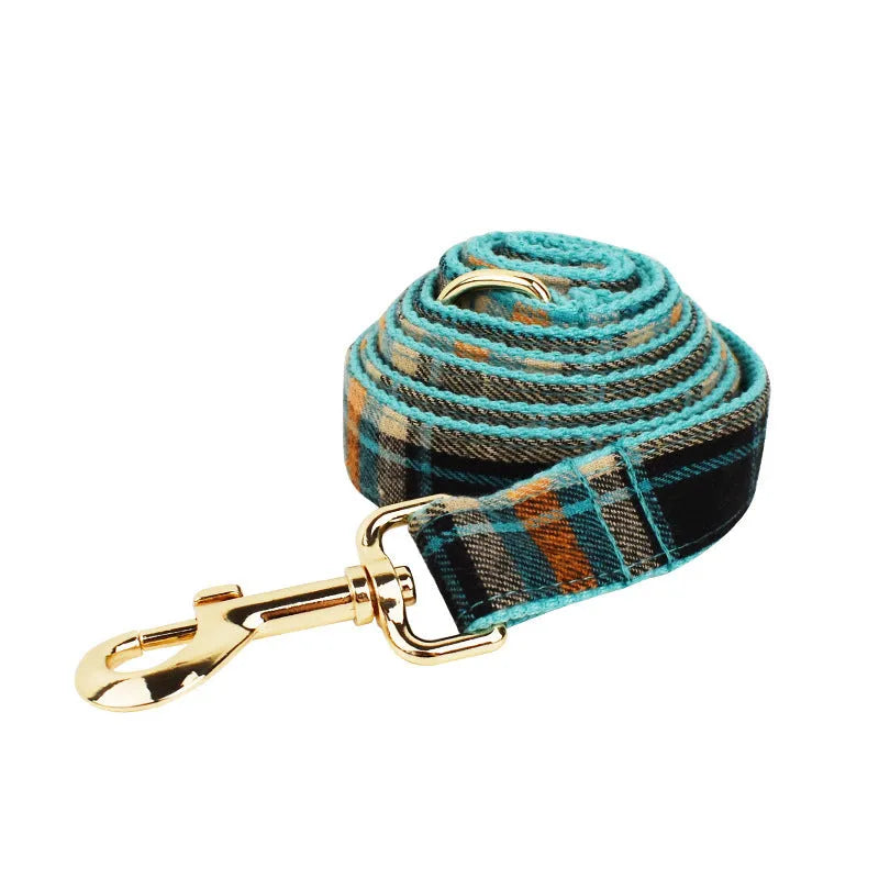 Green retro dog collar and leash set with matching vest and bow accessory